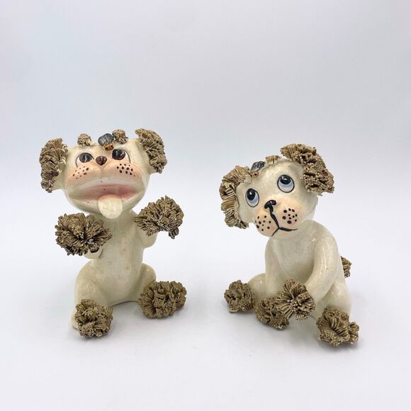 Vintage Spaghetti Ceramic Dogs Pair Mid Century Poodles Style Figurines 1950s 4” - Picture 1 of 10